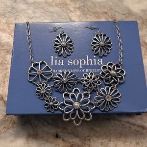 Lia Sophia Silver Floral Necklace and Earring Set